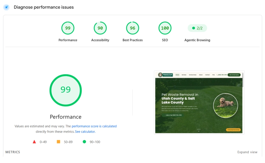 PageSpeed Insights scores for Pawsitive Pet Waste Removal: 99 performance, 90 accessibility, 96 best practices, 100 SEO